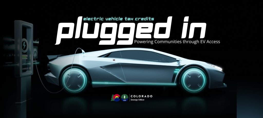 Community Connections campaign featuring "Plugged In" headline and silver electric vehicle with charging station against a dark background.